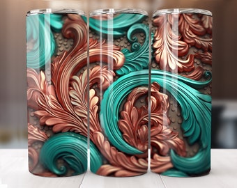 3D Teal and Rose Gold Paisley - 20 oz Sublimation Tumbler Wrap Design, Instant Digital Download, Straight and Tapered Sublimation Design