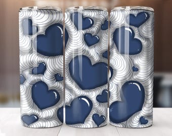 Hand drawn 3D Midnight Blue Doodle Hearts | 20 oz Sublimation Tumbler Wrap Design Instant Digital Download Zentangle Art Sublimation Design
