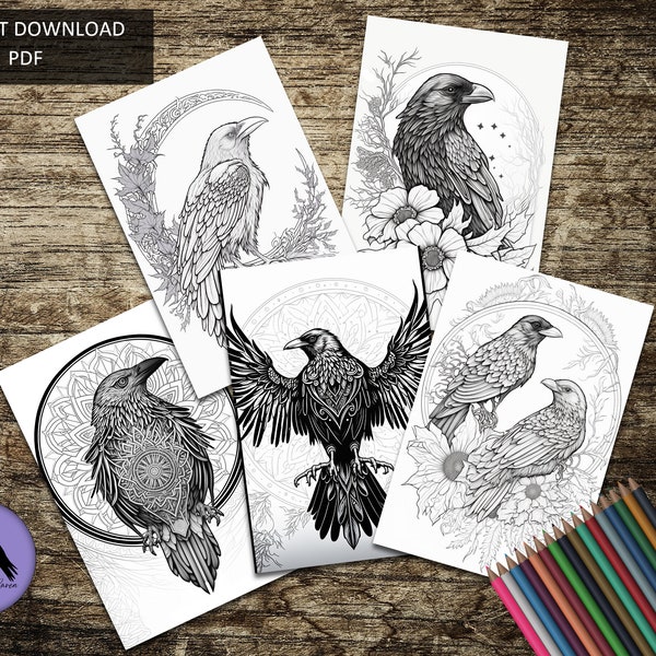 Beautiful Ravens - Volume 2 - Adult Coloring - 5 Pages - Raven, Crow, Corvid, Digital File, Instant Download