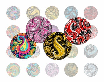 Paisley Pattern digital collage sheet - printable circle round images in various sizes, for glass cabochons, stickers, journal, etc