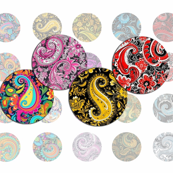 Paisley Pattern digital collage sheet - printable circle round images in various sizes, for glass cabochons, stickers, journal, etc