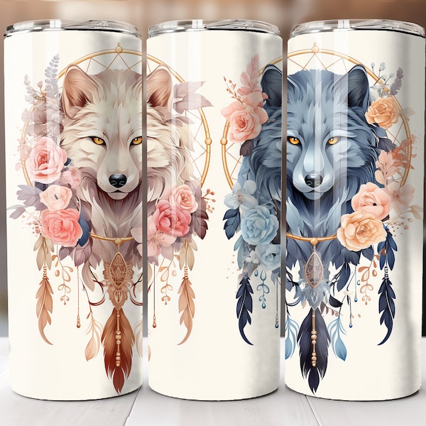 Boho Tribal Wolf Couple - 20 oz Sublimation Tumbler Wrap Design, Instant Digital Download, Straight and Tapered Sublimation Tumbler