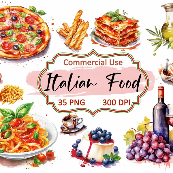 Italian Food PNG Clip art Set - Watercolor Italian Food Selection, 35 PNG Transparent images, Instant Download, Private and Commercial Use