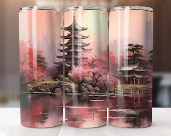 Op de afbeelding: Drie roestvrijstalen bekers met een kleurrijk beeld van een Japanse pagode, kersenbloesems en een brug over een meer. Het beeld is geschilderd in tinten roze, rood en groen.