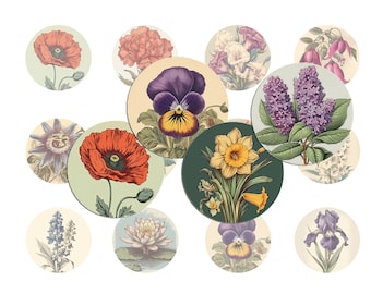 Vintage flowers digital collage sheet - printable circle round images in various sizes, for glass cabochons, stickers, journal, etc