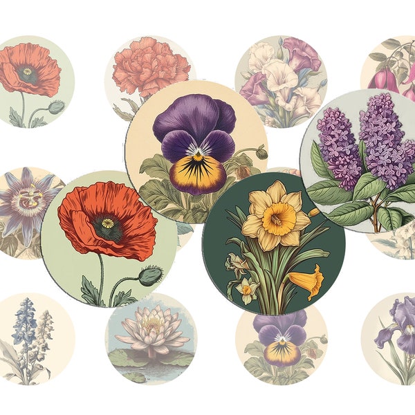 Foglio di collage digitale di fiori vintage - immagini rotonde circolari stampabili in varie dimensioni, per cabochon di vetro, adesivi, diario, ecc