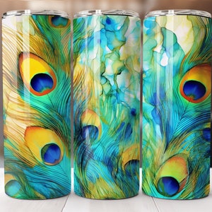 Colorful Peacock Feathers - 20 oz Sublimation Tumbler Wrap Design, Instant Digital Download, Straight and Tapered Sublimation Tumbler Design