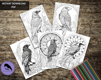 Beautiful Ravens - Volume 1 - Adult Coloring - 5 Pages - Raven, Crow, Corvid, Digital File, Instant Download