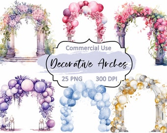 Decorative Arch Clipart PNG - Watercolor Floral and Balloon Arches, 25 PNG Transparent images, Instant Download, Private and Commercial Use