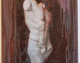 Hercules, male torso statue study, original oil painting, figurative art by Zdenka Kiss, 30x40cm