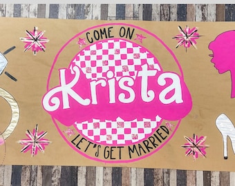 Hand-painted Barbie themed Bachelorette Banner: Hand-Painted Kraft Paper Banners