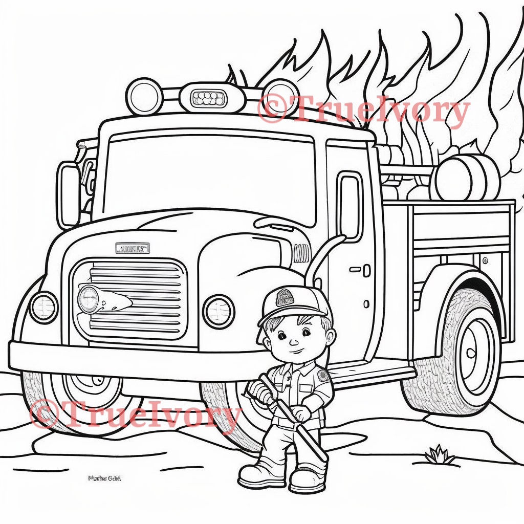 4 Childrens Firefighter Fire Truck Coloring Pages Etsy Australia