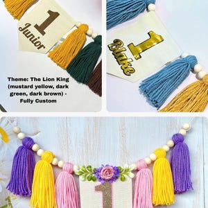 May include: A decorative banner featuring wooden beads and yarn tassels in various color schemes. One banner displays the name Junior with the number 1, another shows Blake with the number 1, and a third features a floral accent with the number 1.