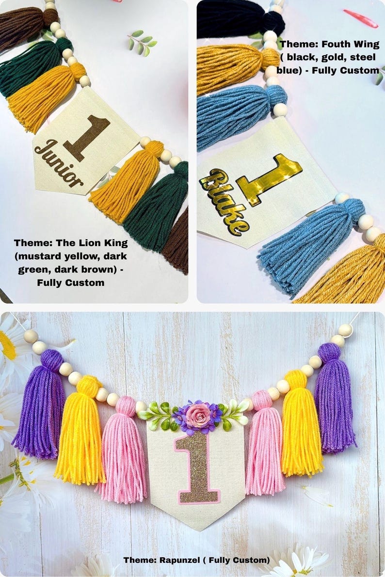 May include: A decorative banner featuring wooden beads and yarn tassels in various color schemes. One banner displays the name Junior with the number 1, another shows Blake with the number 1, and a third features a floral accent with the number 1.
