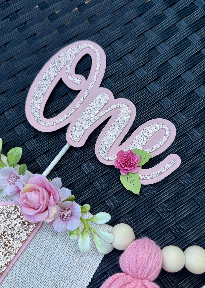 Pink & Gold Glitter One Cake Topper: Floral 1st Birthday Decor - Etsy