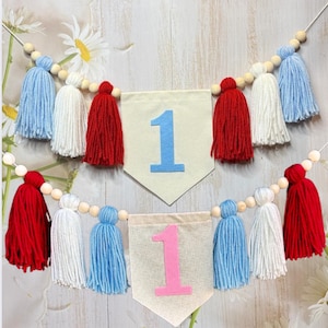 Custom First Birthday High Chair Banner: Red, White & Blue Yarn Tassels