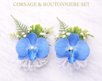 Blue Orchid Corsage Boutonniere Set, Prom Wedding Floral Accessory Homecoming Flower