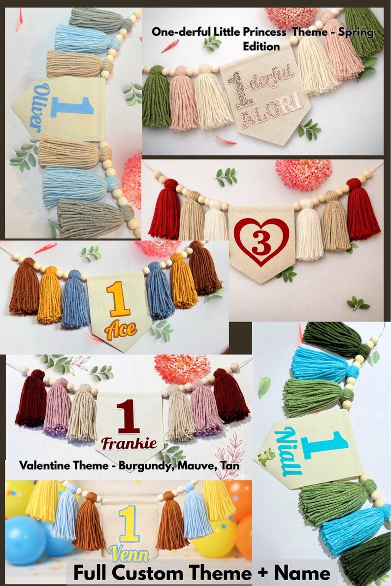 Boy First Birthday High Chair Banner, Personalized ONE Cake Smash Decor, Neutral Boho Tassel Garland image 12
