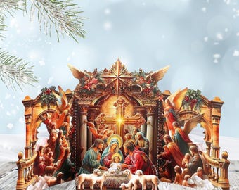 May include: A detailed Christmas nativity scene with a golden archway, angels, and figures surrounding the baby Jesus. The scene includes lambs and is set against a snowy, light blue background with pine branches.