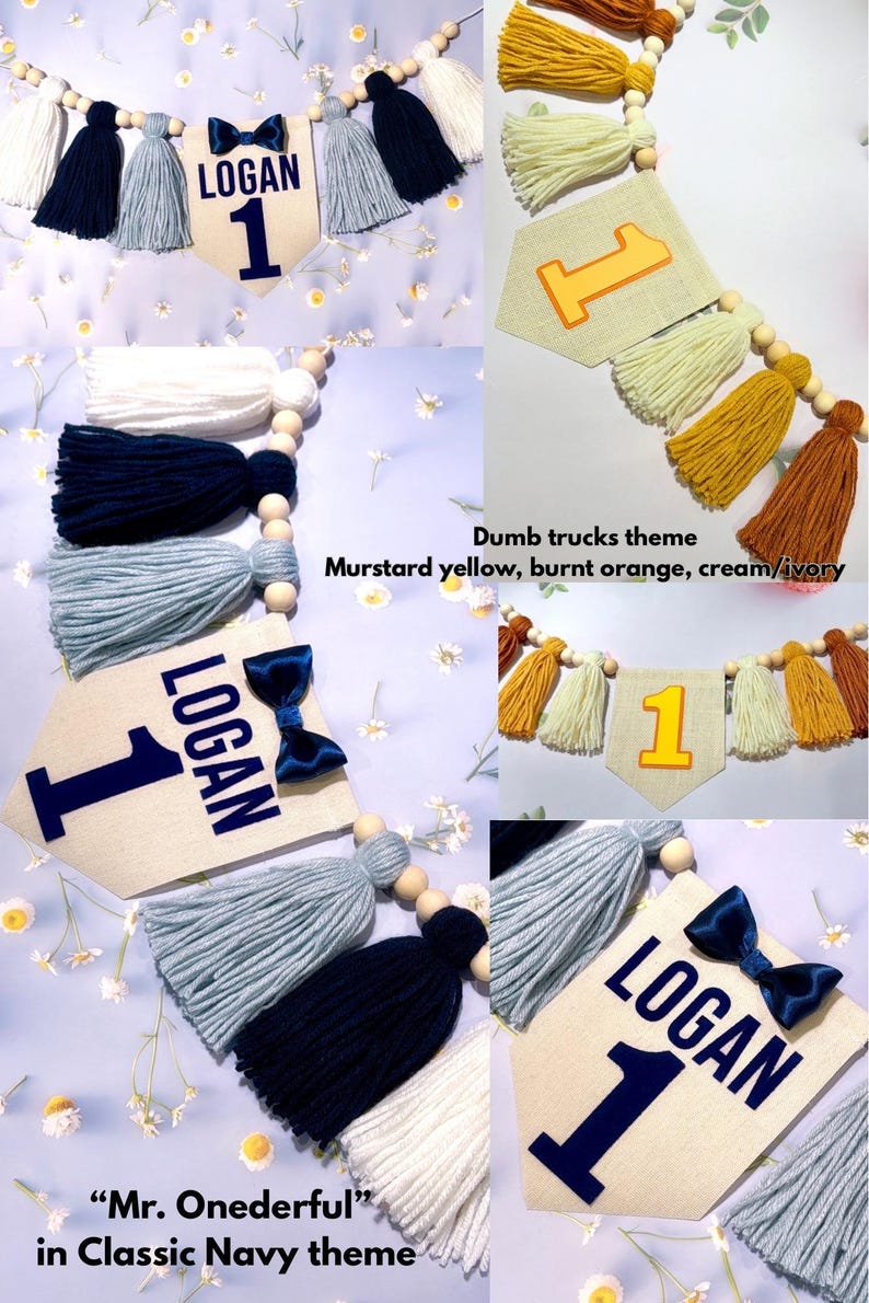 May include: A decorative banner featuring fabric pennants with the name LOGAN and the number 1, accented by a navy blue satin bow. The banner includes wooden beads and yarn tassels in shades of navy, light blue, white, mustard, and burnt orange.