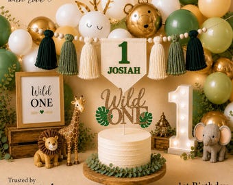 Safari Wild ONE Birthday Decor Bundle | High Chair Banner, Crown, Cake Topper, Name Flag
