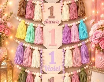 Girl First Birthday High Chair Banner, Personalized Pink Glitter ONE Banner, Pastel Rainbow Cake Smash Decor