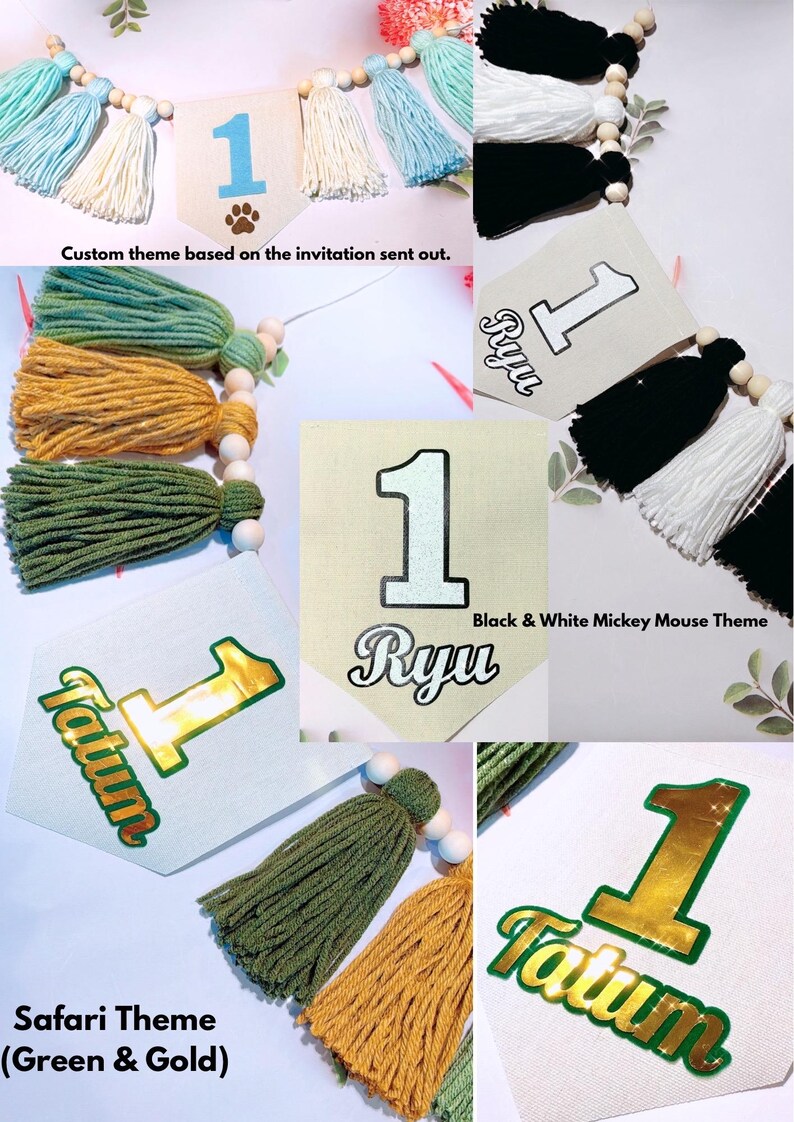 May include: A collection of decorative banners featuring the number 1 and various names like Ryu and Tatum. The banners are adorned with yarn tassels in colors including light blue, white, black, green, and gold, accented by wooden beads.