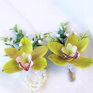 Green Orchid Corsage Boutonniere Set: Faux Floral Wedding Accessories