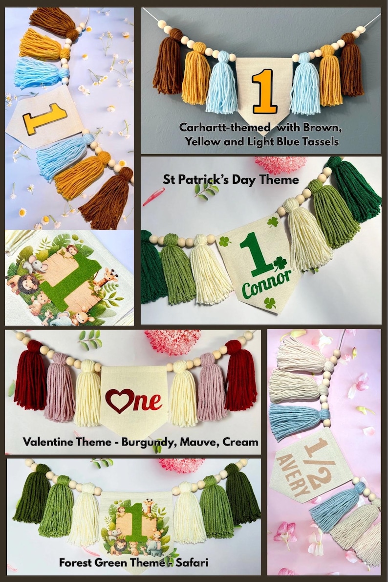 May include: A collection of decorative banners featuring fabric pennants, wooden beads, and yarn tassels in various color palettes. The pennants display numbers, names, and graphics including hearts, shamrocks, and safari animals for celebrations.