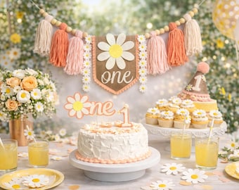 Daisy Birthday Banner Set, Daisy 1st Birthday Decorations,  High Chair Banner, First Birthday Hat, Cake Topper for Girls