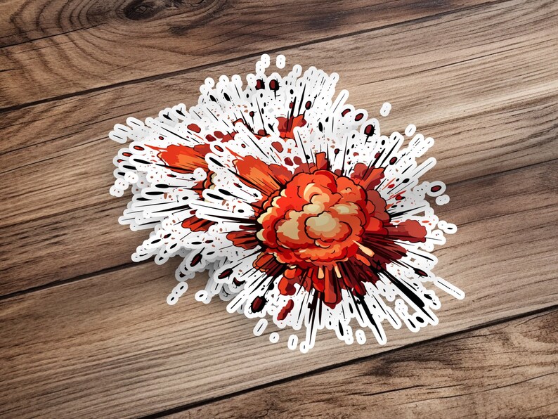 May include: A vibrant explosion sticker featuring a dynamic, cartoonish style. The explosion is predominantly orange and red, with black lines radiating outwards, creating a sense of motion and energy.  The design is detailed, with varying shades of color and texture suggesting smoke and fire. The sticker is ideal for adding a dramatic, comic-book effect to any surface.
