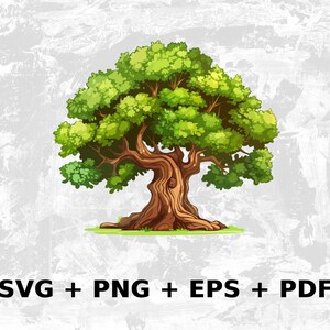 May include: A cartoon illustration of a large, green, leafy tree with a thick, brown trunk. The tree is set against a white, textured background.