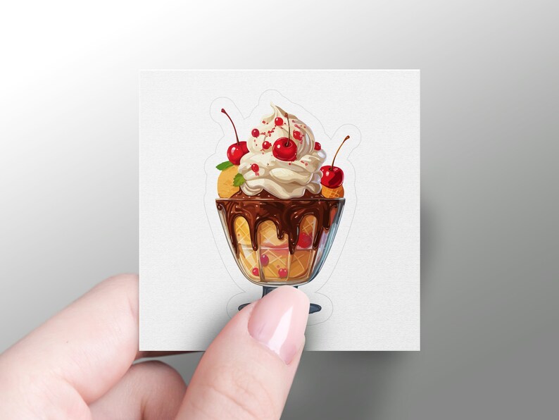 May include: A sticker featuring a delicious-looking sundae. The sundae is in a clear glass dish and is topped with a generous scoop of creamy vanilla ice cream, rich chocolate sauce, and several bright red cherries. The ice cream is nestled between layers of waffle cone pieces. The overall color palette is warm and inviting, with the rich browns of the chocolate and the bright red of the cherries contrasting beautifully with the creamy white of the ice cream. The sticker is perfect for ice cream lovers and adds a touch of sweetness to any surface.