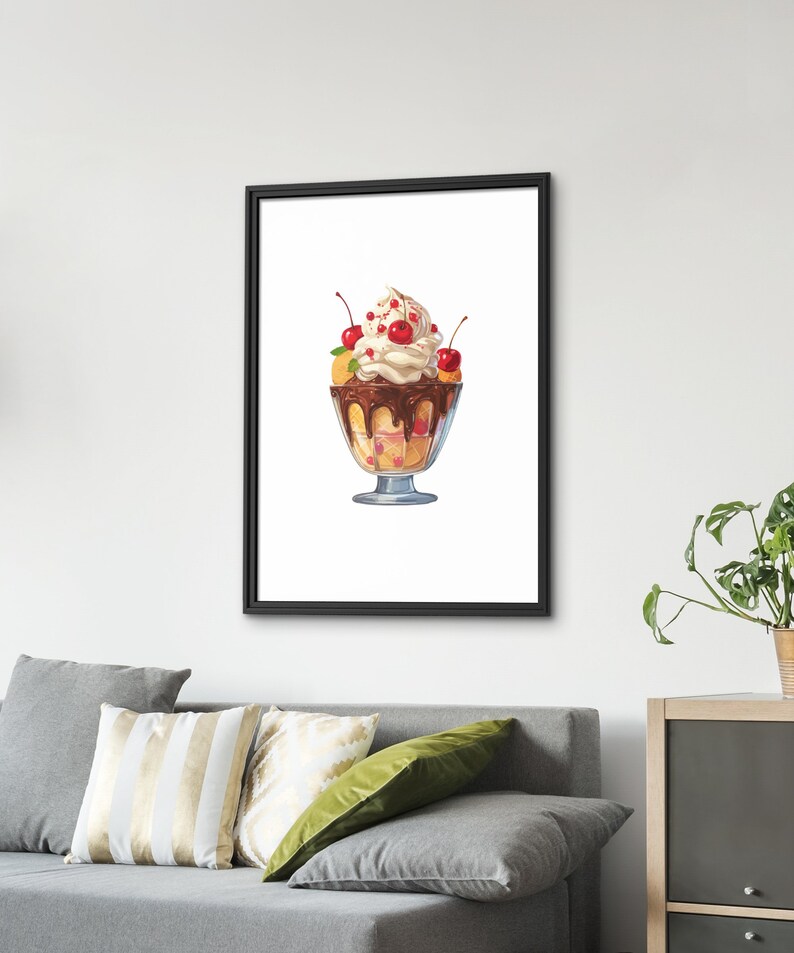 May include: A framed print of a digital illustration of a delicious-looking dessert. The dessert is in a clear glass bowl and features layers of whipped cream, chocolate sauce, and cherries. The cherries are bright red, and the whipped cream is fluffy and white. The chocolate sauce is rich and dark. The overall color scheme is vibrant and appetizing. The image is perfect for adding a touch of sweetness to any room.