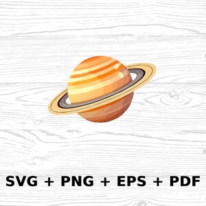 Op de afbeelding: Een cartoonillustratie van Saturnus, een planeet met een ringsysteem, op een witte houtnerf achtergrond.