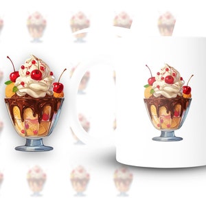 May include: White ceramic mug features a vibrant illustration of a delicious sundae. The sundae is composed of creamy vanilla ice cream, rich chocolate sauce, and glistening red cherries.  The ice cream is nestled in a clear glass dish, adding to the visual appeal. The background subtly showcases a repeating pattern of similar sundaes, maintaining a cohesive theme. This mug is perfect for ice cream lovers and adds a touch of sweetness to any kitchen.