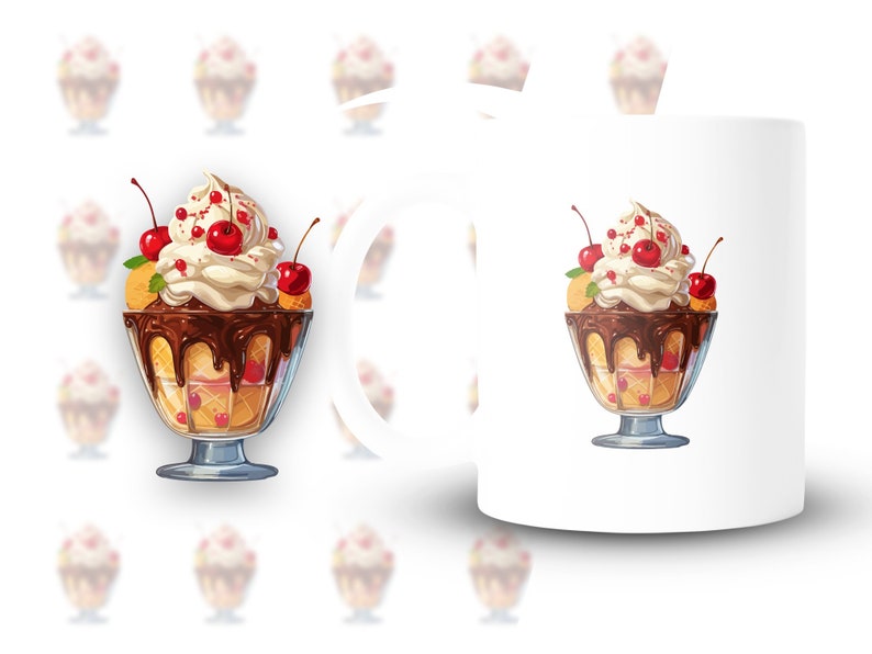 May include: White ceramic mug features a vibrant illustration of a delicious sundae. The sundae is composed of creamy vanilla ice cream, rich chocolate sauce, and glistening red cherries.  The ice cream is nestled in a clear glass dish, adding to the visual appeal. The background subtly showcases a repeating pattern of similar sundaes, maintaining a cohesive theme. This mug is perfect for ice cream lovers and adds a touch of sweetness to any kitchen.