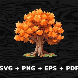 Pode incluir: Uma ilustração de desenho animado de uma árvore com folhas laranja e amarelas sobre um fundo de madeira escura. A árvore está no centro da imagem e tem um tronco e galhos grossos. As folhas estão agrupadas e têm uma aparência ligeiramente desbotada.