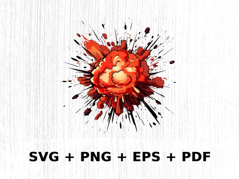 May include: Orange and red cartoon explosion graphic with black splatter.  The explosion is stylized with a cloud-like shape and radiating lines.  The text below the image reads: SVG + PNG + EPS + PDF. This digital download includes multiple file formats for graphic design projects.