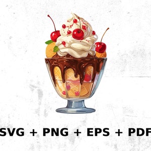 May include: A delectable dessert sundae in a clear glass bowl.  The sundae features creamy vanilla ice cream, rich chocolate sauce, waffle cone pieces, and vibrant red cherries.  The image includes text: 'SVG + PNG + EPS + PDF', indicating available file formats for download. This digital illustration showcases a sweet treat, ideal for culinary-themed designs or dessert menus.