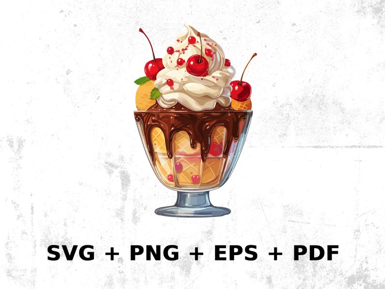 May include: A delectable dessert sundae in a clear glass bowl.  The sundae features creamy vanilla ice cream, rich chocolate sauce, waffle cone pieces, and vibrant red cherries.  The image includes text: 'SVG + PNG + EPS + PDF', indicating available file formats for download. This digital illustration showcases a sweet treat, ideal for culinary-themed designs or dessert menus.