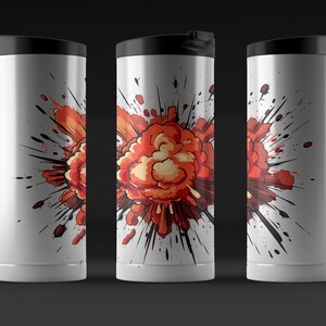 May include: Three white stainless steel travel mugs with black lids feature a vibrant graphic design. The design showcases a stylized comic-book style explosion of orange and red hues against a white backdrop, accented with black ink splatters.  The mugs are sleek and modern, ideal for coffee or tea.  The design is consistent across all three mugs, showcasing the same explosion graphic.