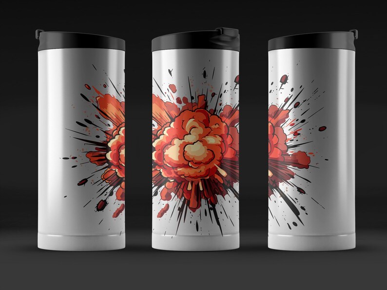 May include: Three white stainless steel travel mugs with black lids feature a vibrant graphic design. The design showcases a stylized comic-book style explosion of orange and red hues against a white backdrop, accented with black ink splatters.  The mugs are sleek and modern, ideal for coffee or tea.  The design is consistent across all three mugs, showcasing the same explosion graphic.