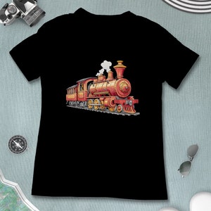 May include: Black t-shirt with a red, yellow, and brown vintage steam train with smoke coming from the chimney.