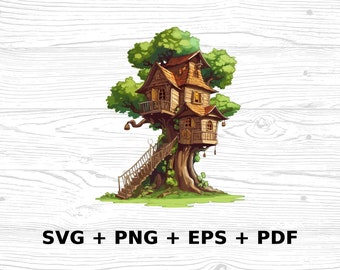 Cartoon Tree House SVG Png Eps, Commercial use Clipart Vector Graphics for Wall Art, Tshirts, Sublimation, Print on Demand
