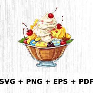 May include: A colorful ice cream sundae in a glass dish with whipped cream, cherries, and sprinkles. The sundae is topped with a waffle cone and a cherry on top.