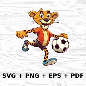 Cartoon Cheetah Playing Soccer SVG Png Eps, Commercial use Clipart Vector Graphics for Wall Art, Tshirts, Sublimation, Print on Demand