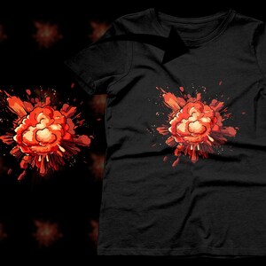 May include: Black women's t-shirt featuring a vibrant orange and red cartoon explosion graphic. The explosion is stylized with sharp lines and paint splatters, creating a dynamic and energetic design. The t-shirt is a simple crew neck style, providing a stark contrast to the bold graphic.
