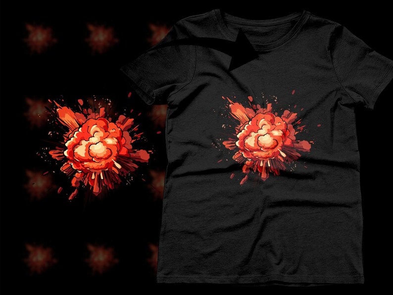 May include: Black women's t-shirt featuring a vibrant orange and red cartoon explosion graphic. The explosion is stylized with sharp lines and paint splatters, creating a dynamic and energetic design. The t-shirt is a simple crew neck style, providing a stark contrast to the bold graphic.