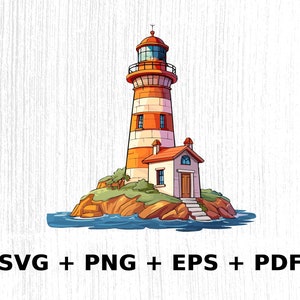 May include: A red and white striped lighthouse with a small house on a rocky island. The lighthouse has a white roof and a small window. The house has a brown roof and a door. The island is surrounded by blue water.
